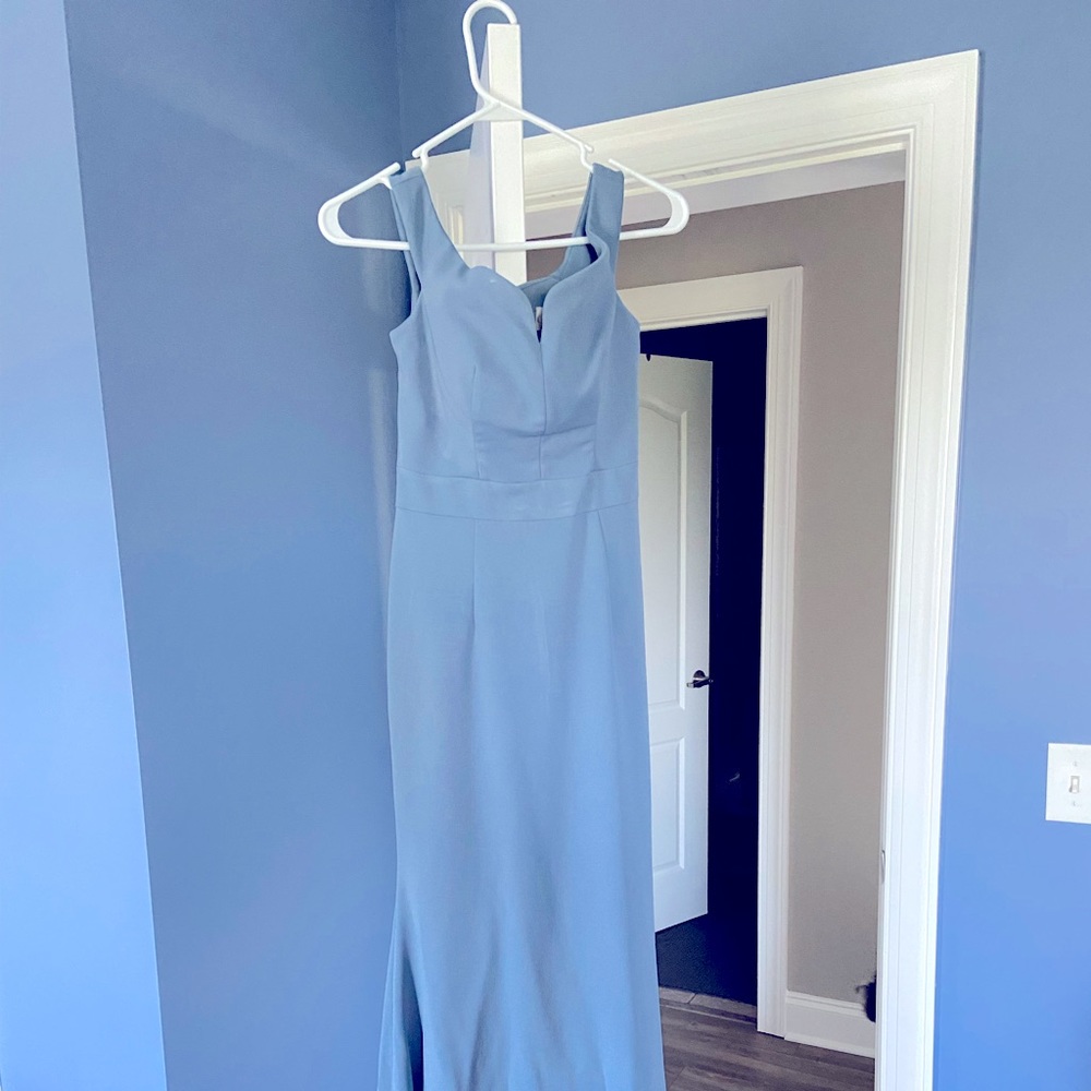 Dusty blue off the shoulder long bridesmaids dress - worn once